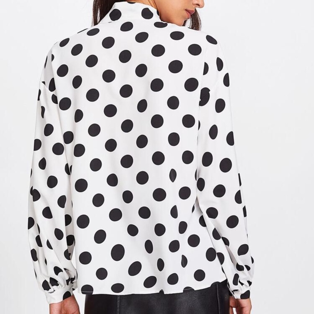 Lantern Sleeve, Self Tie Neck, Polka Dotted Blouse - Picture 2 of 6